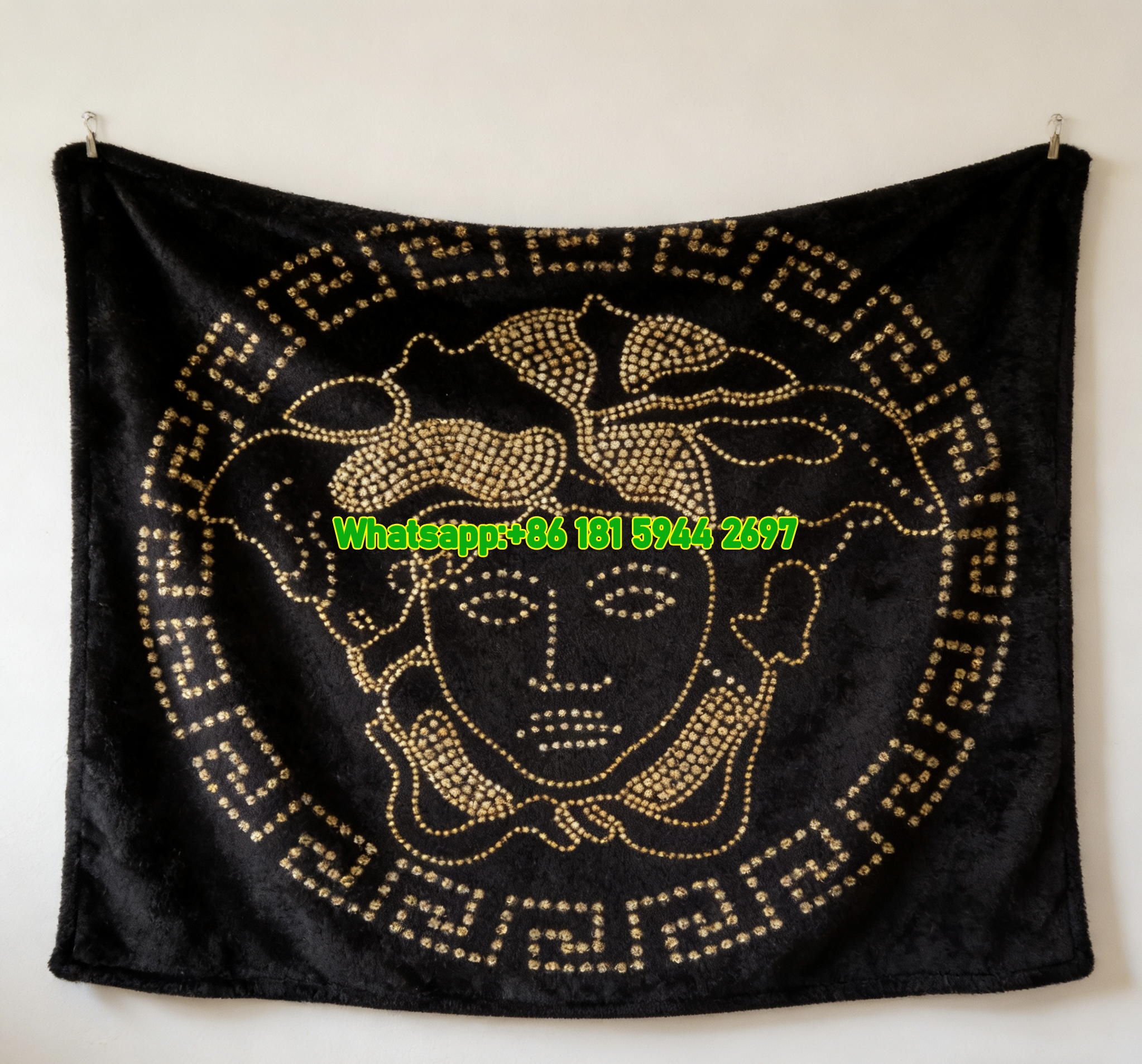 Versace Black Gold Studded Medusa Greek Key Printed Flannel Throw Blanket IMG_1261